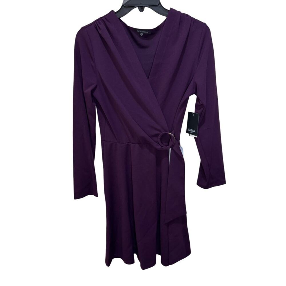 MARINA Dress Scuba Crepe Long Sleeve Belt Buckle Faux Wrap Knee Length - Plum S